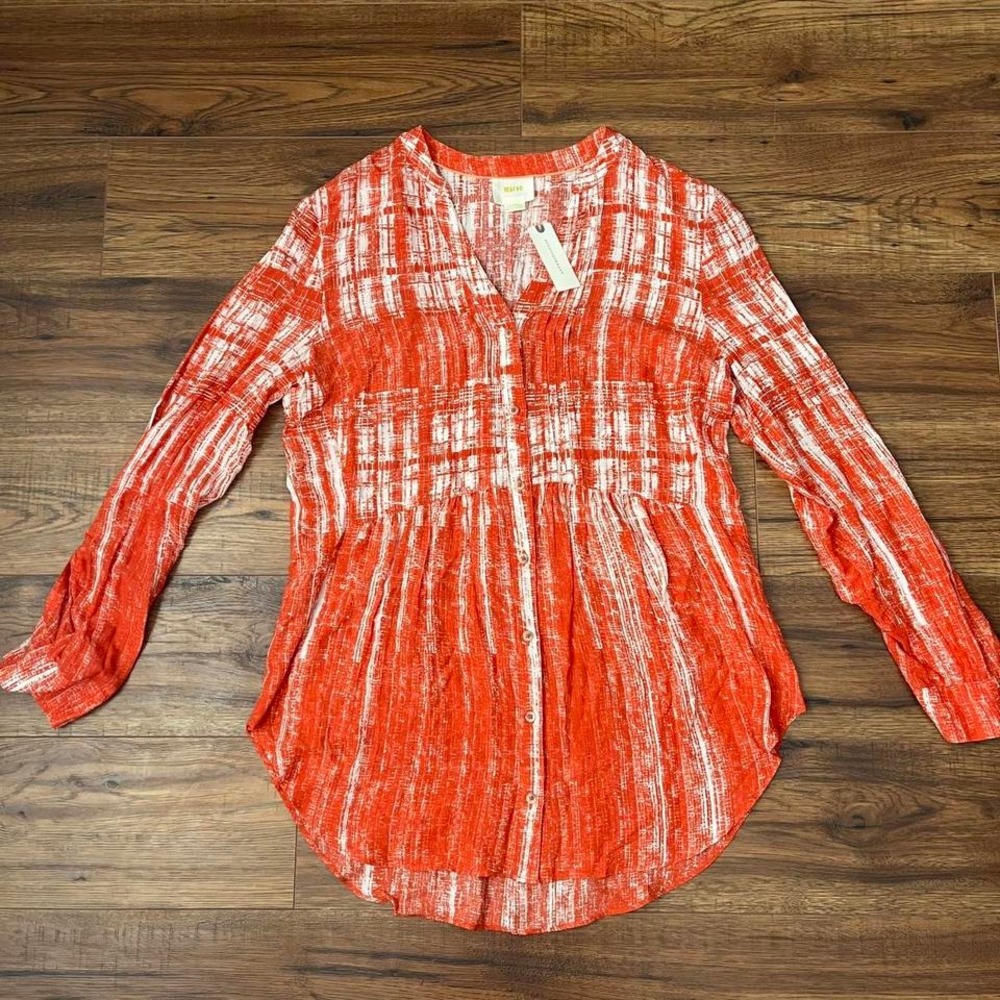 NWT Maeve Anthropologie Orange Abstract Button Flowy Blouse Women‎ 12 Boho Artsy
